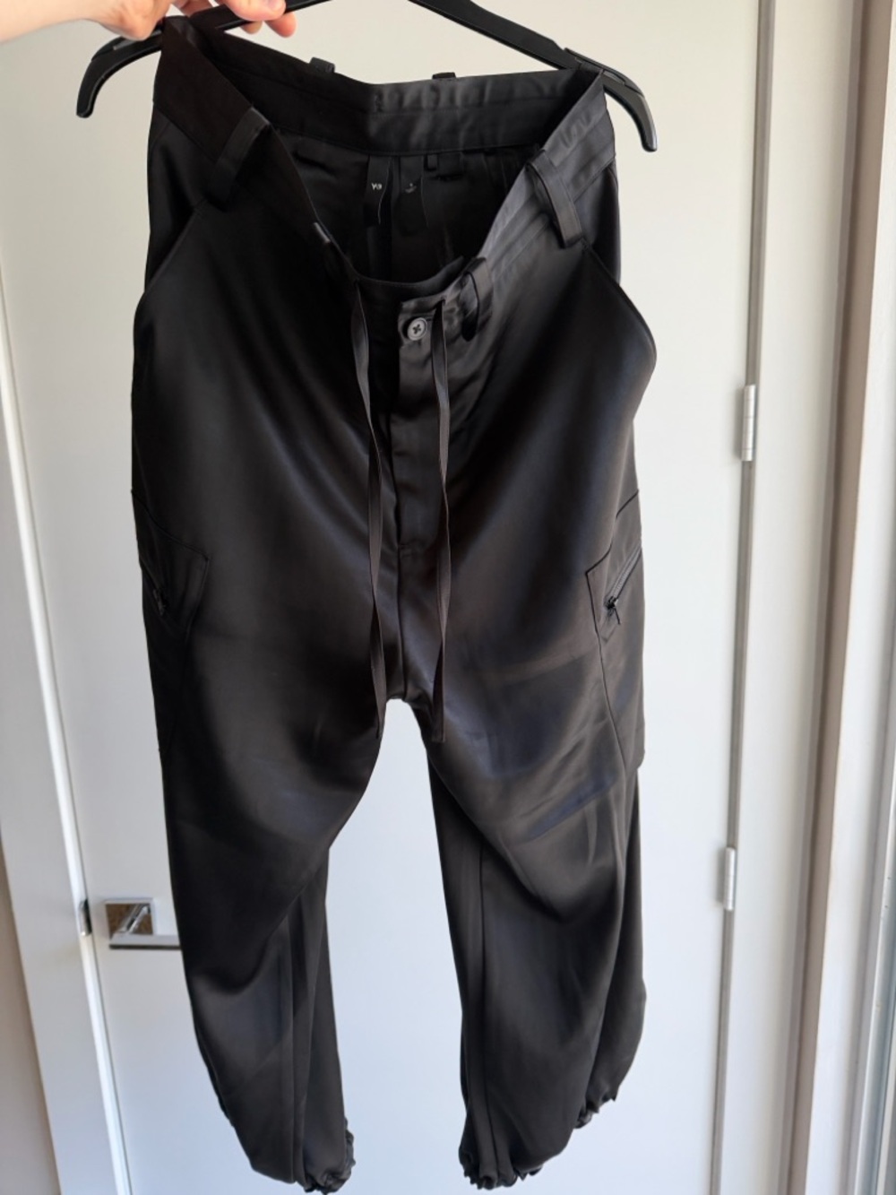 Y-3 Black Relaxed Drawstring Cargo Trousers satin-effect